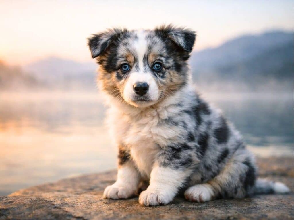 Unique blue merle Border Collie puppy sitting beside a calm lake with misty mountains in the background