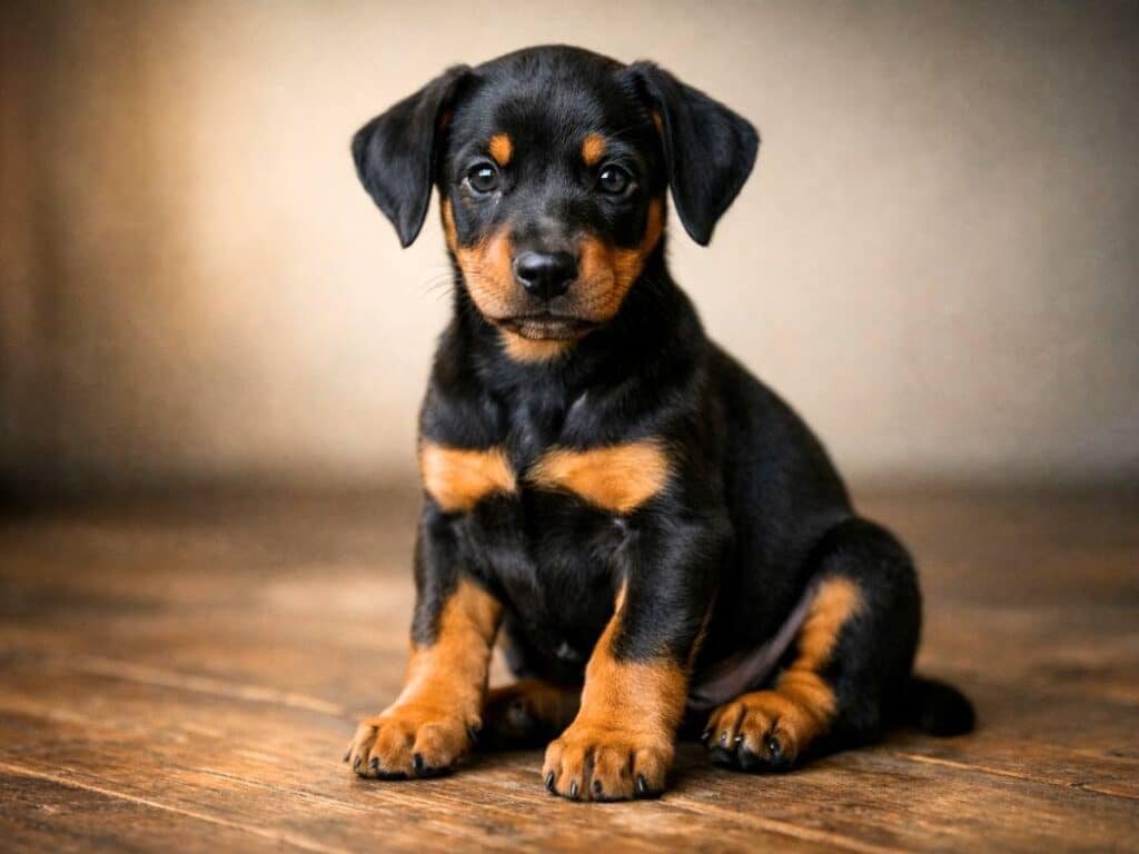 Brown and tan Doberman puppy sitting indoors with an alert expression
