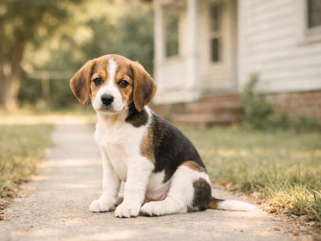 American Foxhound puppy sitting near a walkway at a classic American home