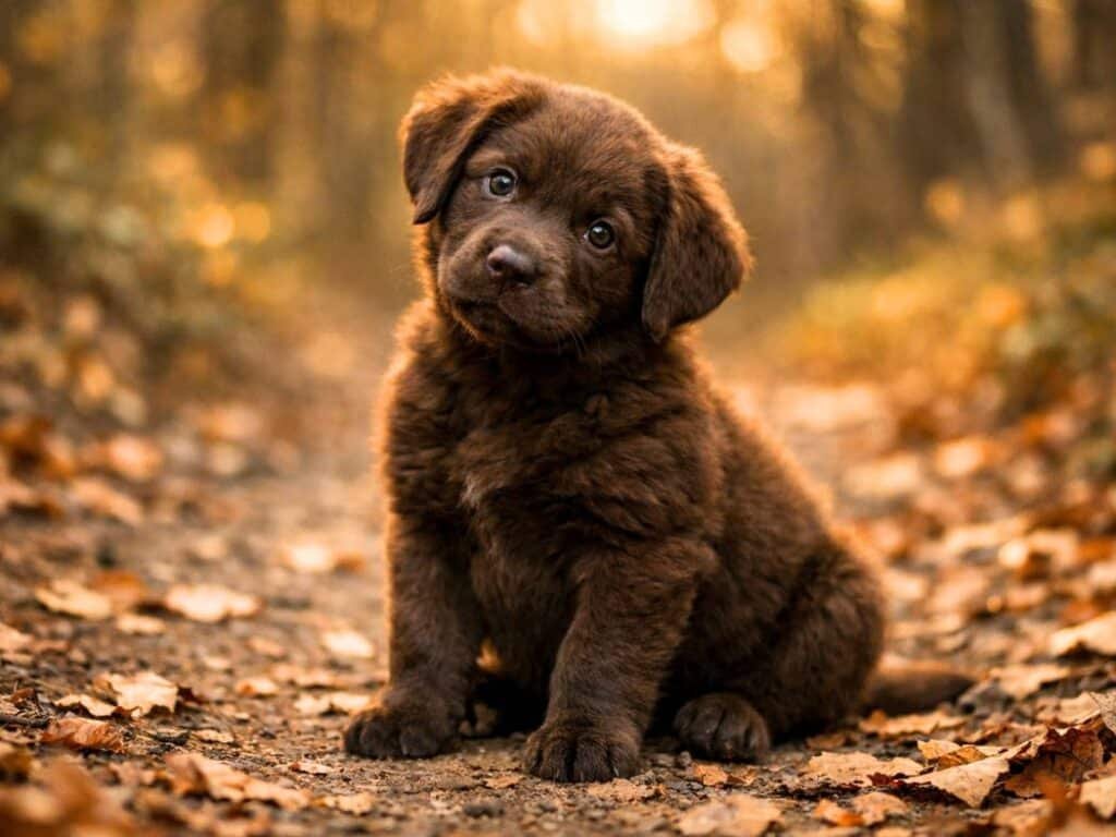 Unique dark brown Chesapeake Bay Retriever puppy sitting on a forest path