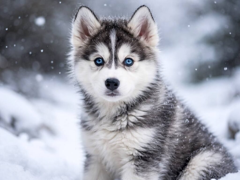Blue-eyed Siberian Husky puppy sitting in the snow with a curious expression
