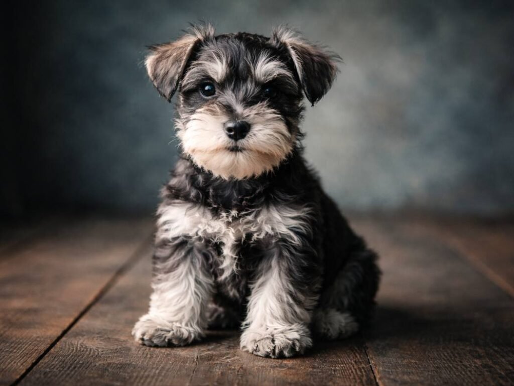 Miniature Schnauzer puppy with bushy eyebrows sitting on a wooden floor