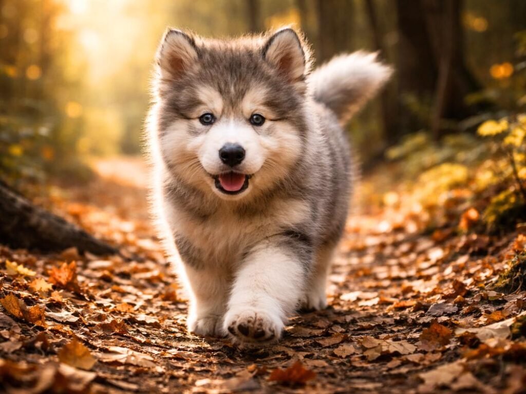 Fluffy Alaskan Malamute puppy walking along a forest trail covered with autumn leaves
