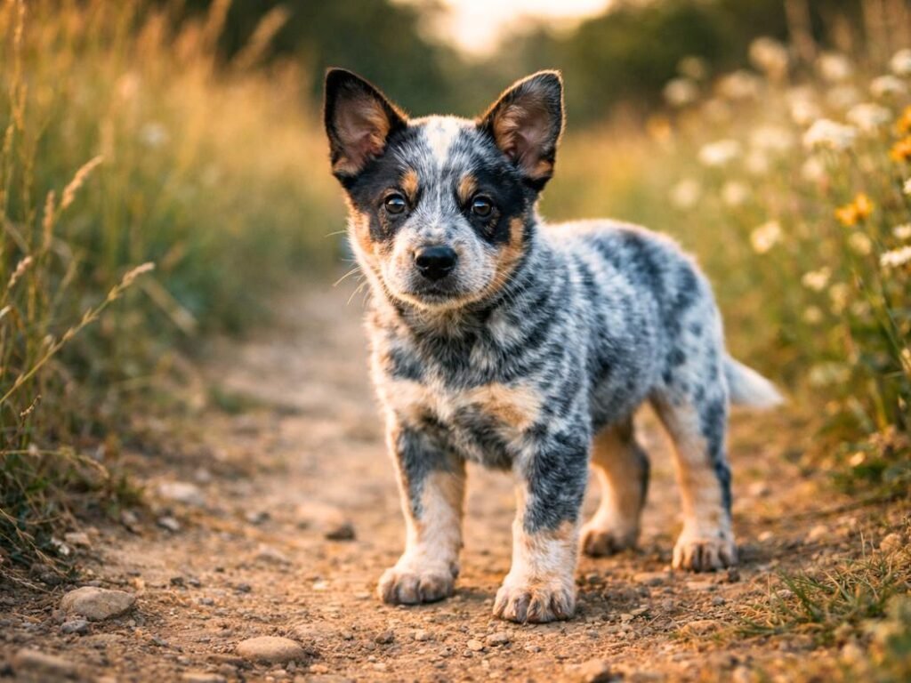 Australian Cattle Dog puppy with blue speckled coat standing on a countryside trail surrounded by wildflowers
