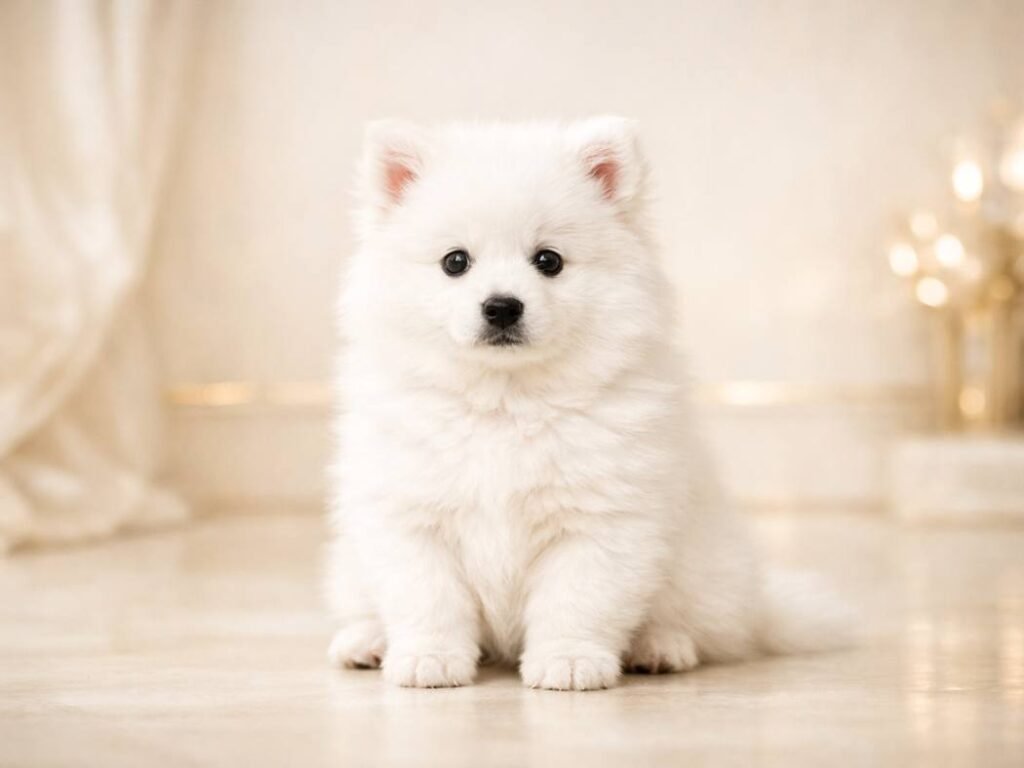 Fluffy American Eskimo Dog puppy with bright eyes sitting in an elegant, minimalist setting