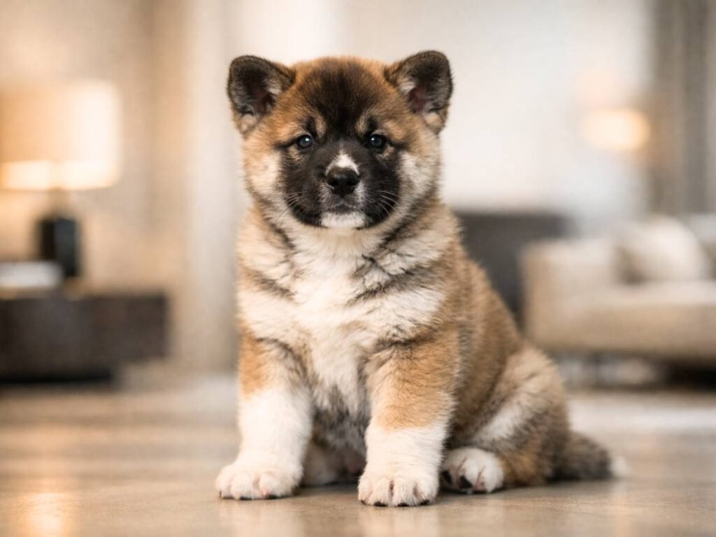A confident Akita puppy sitting calmly in a stylish, elegant setting