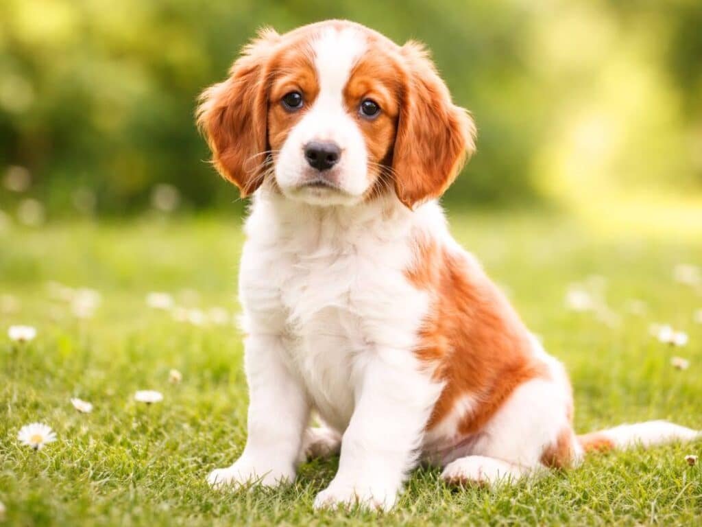 Irish Setter puppy with white and orange coat sitting on green grass.