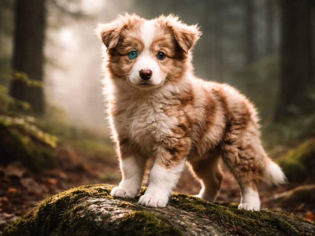 A fluffy red merle Border Collie puppy with striking eyes standing on a mossy rock in the forest.