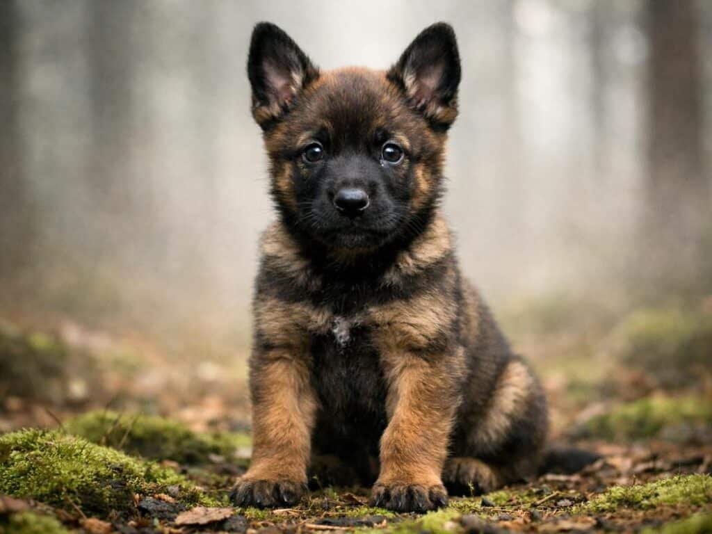 Sable Belgian Malinois puppy sitting on a mossy forest floor with soft mist in the background