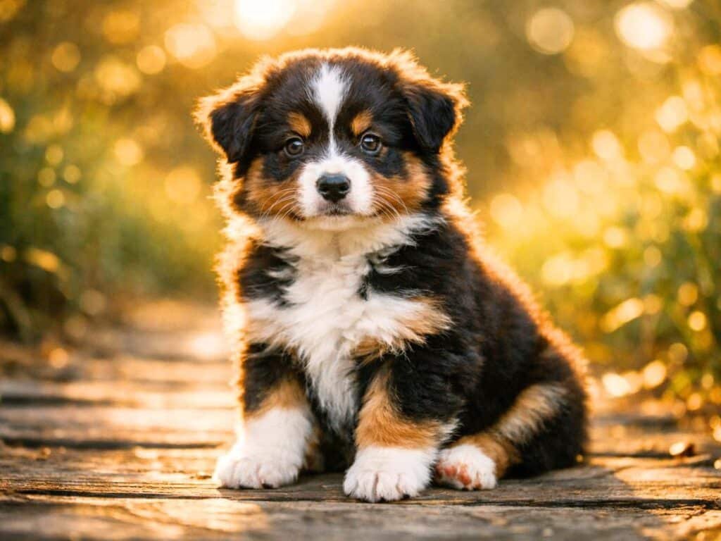 Unique tricolor Australian Shepherd puppy sitting on a rustic path outdoors