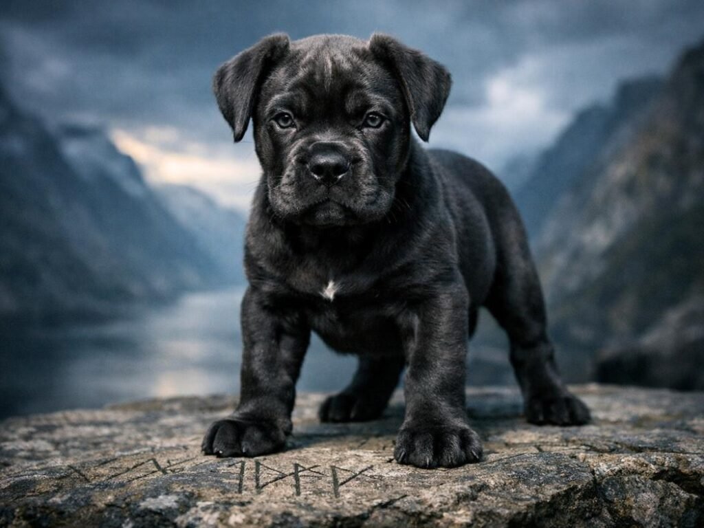 Dark-coated Cane Corso puppy with an intense gaze standing against a dramatic Nordic backdrop.