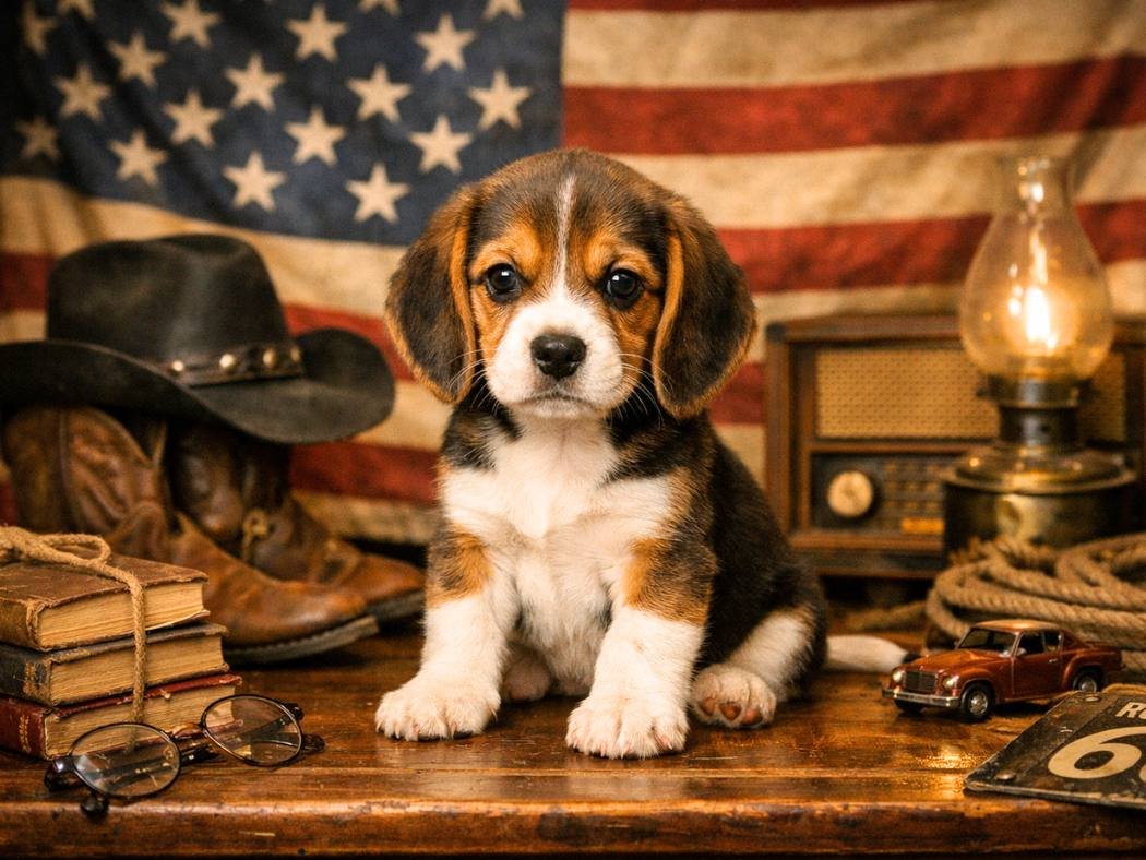 A Beagle puppy sits on a rustic table with vintage American items and a faded American flag in the background.