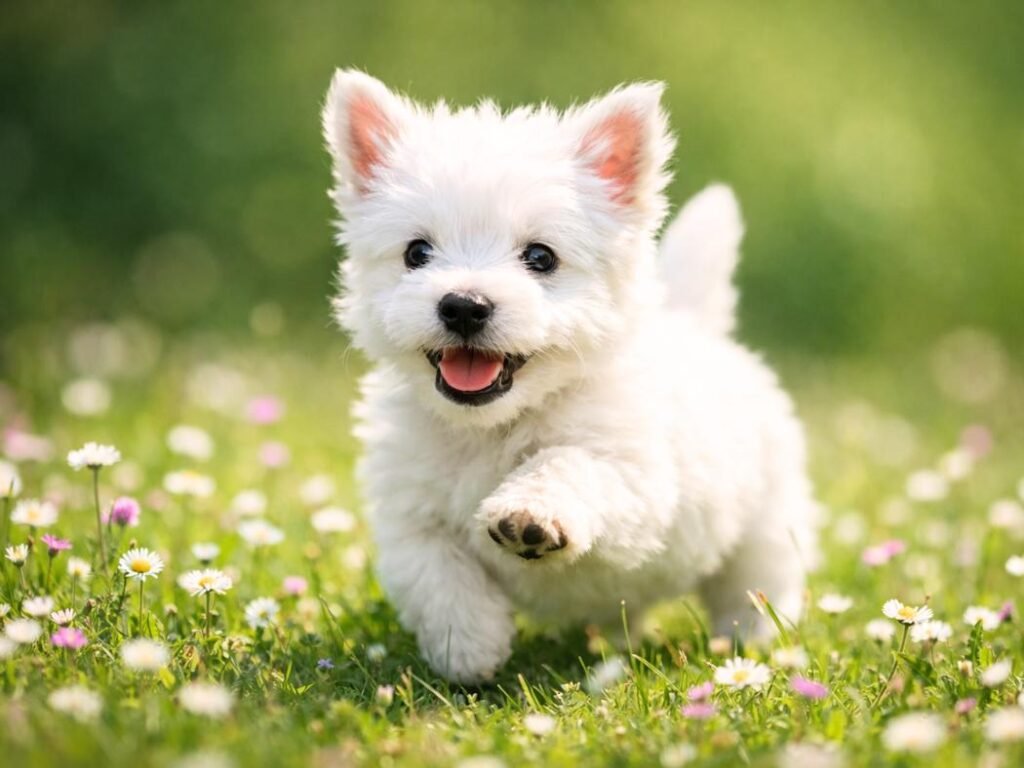 Playful West Highland White Terrier puppy running through a meadow of wildflowers
