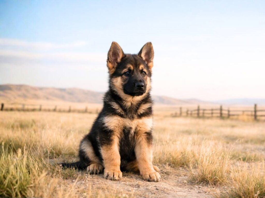 Western-style German Shepherd puppy sitting in an open American ranch landscape under a wide sky
