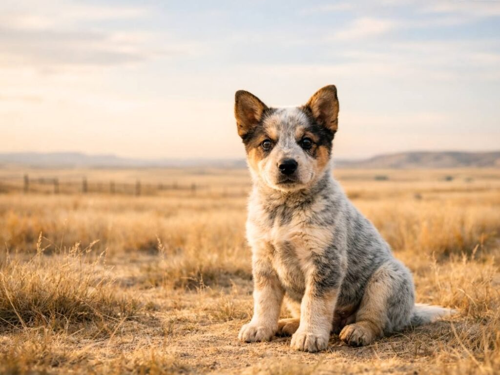 Australian Cattle Dog puppy sitting in open Western grassland with wide skies and ranch scenery