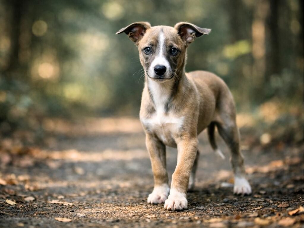 Young Whippet puppy standing confidently on a forest trail with soft natural light and blurred trees in background.