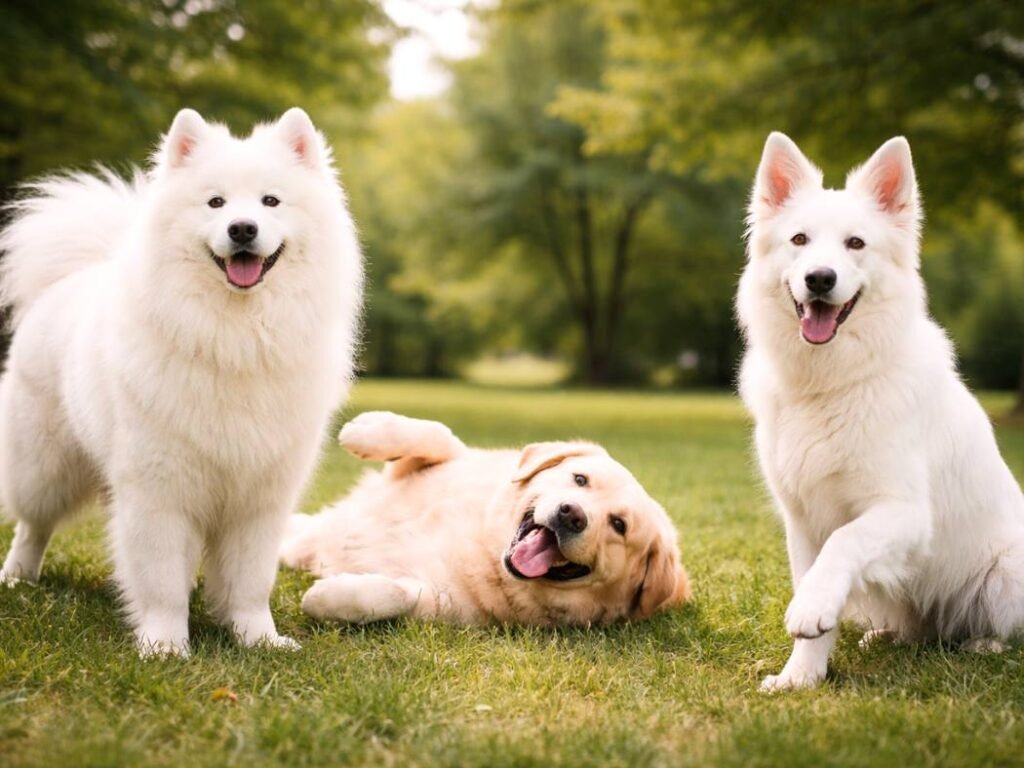Three white and light-coated dogs including a Samoyed, cream Labrador, and White Swiss Shepherd in a bright natural park setting