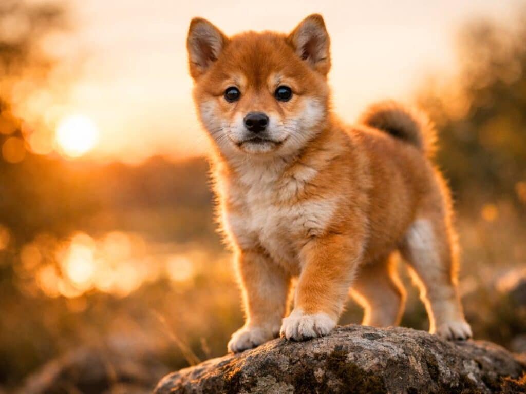 Fox-colored Shiba Inu puppy standing confidently outdoors at sunset.