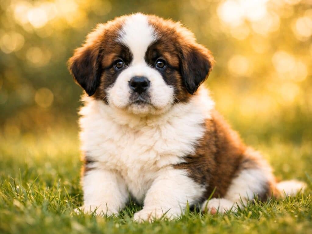 White and brown Saint Bernard puppy sitting on green grass and looking at the camera